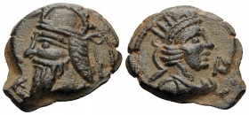 KINGS OF PARTHIA. Vologases IV, circa AD 147-191. Dichalkon (Bronze, 16 mm, 2.43 g, 12 h), Seleukeia on-the-Tigris, year SOY (476) = 164-165. Diademed...