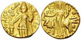 INDIA, Kushan Empire. Vasudeva I, Circa 192-225. Dinar (Gold, 21 mm, 7.90 g, 12 h), Main mint in Baktria (Balkh?). Vasudeva standing left, holding fil...