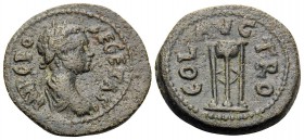 TROAS. Alexandria Troas. Geta, as Caesar, 198-210. (Bronze, 16 mm, 2.57 g, 7 h). IMP C PO SE GETAS Laureate and draped bust of Geta to right. Rev. COL...