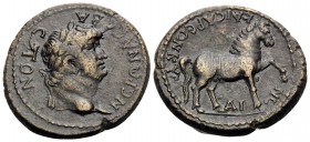 AEOLIS. Kyme. Nero, 54-68. (Bronze, 19.5 mm, 4.35 g, 1 h), c. 63-68. NEPΩNA CEBA-CTON Laureate head of Nero to right. Rev. KAICAPEΩN KYM-AI-ΩN Horse p...