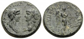 IONIA. Smyrna. Nero with Agrippina Junior, 54-68. Trihemiassarion (Bronze, 19 mm, 6.38 g, 12 h), Aulos Gessius Philopatris, strategos, 54-59. NEPΩΝΑ Σ...