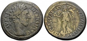 LYDIA. Tralles. Marcus Aurelius, 161-180. (Bronze, 32 mm, 15.18 g, 6 h), Euarestos, grammateus. AY KAI ANTΩNEINOC Laureate bust of Marcus Aurelius to ...