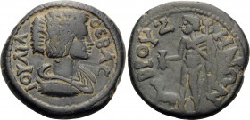PHRYGIA. Bruzus. Julia Domna, 193-217. (Bronze, 19 mm, 4.31 g, 5 h). IOVΛIA CEBAC Draped bust of Julia Domna to right. Rev. BPOYZHNΩN Hermes standing ...