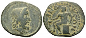 PISIDIA. Isinda. Time of Septimius Severus, 193-211. (Bronze, 20 mm, 4.59 g, 12 h). Laureate head of Zeus to right. Rev. ICINΔEΩN Hermes seated left o...