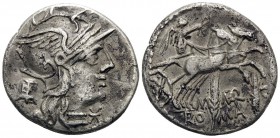 M. Marcius Mn.f, 134 BC. Denarius (Silver, 18.5 mm, 3.58 g, 4 h), Rome. Helmeted head of Roma to right, wearing earring and pearl necklace; behind, mo...
