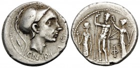 Cn. Blasio Cn.f, 112-111 BC. Denarius (Silver, 19.5 mm, 3.82 g, 3 h), Rome. CN•BLASIO•CN•F• Helmeted head of Mars (or Scipio Africanus?) to right; beh...