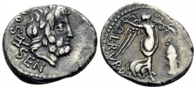 L. Rubrius Dossenus, 87 BC. Quinarius (Silver, 15 mm, 2.41 g, 6 h), Rome. DOS-SEN Laureate head of Neptune right, with trident behind his neck. Rev. L...