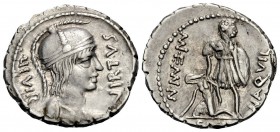 Mn. Aquillius Mn.f. Mn.n, 65 BC. Denarius Serratus (Silver, 19 mm, 4.04 g, 5 h), Rome. VIRTVS - III VIR Helmeted and draped bust of Virtus to right. R...