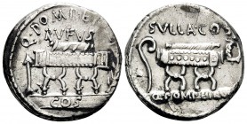 Q. Pompeius Rufus, 54 BC. Denarius (Silver, 16.5 mm, 3.34 g, 8 h), Rome. Q•POMPEI• Q•F / RVFVS Curule chair flanked by an arrow, on the left, and a la...