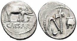 Julius Caesar, April-August 49 BC. Denarius (Silver, 19 mm, 3.82 g, 2 h), mint moving with Caesar. CAESAR Elephant to right, trampling horned serpent....