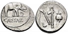 Julius Caesar, April-August 49 BC. Denarius (Silver, 18 mm, 3.72 g, 1 h), mint moving with Caesar. CAESAR Elephant to right, trampling horned serpent....