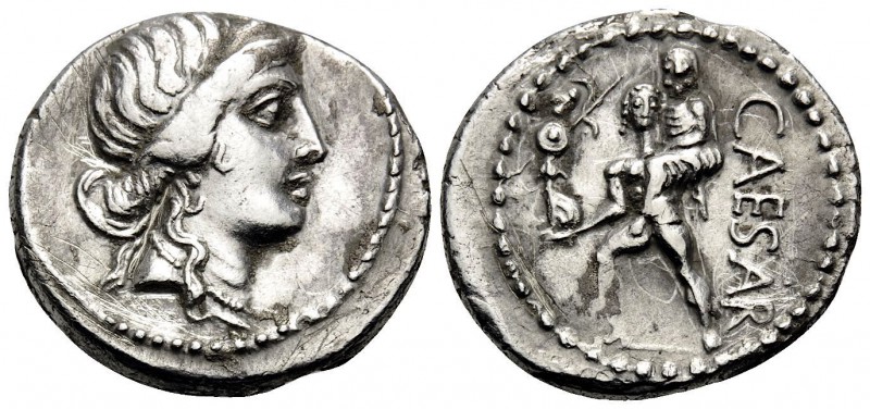 Julius Caesar, Late 48-47 BC. Denarius (Silver, 18 mm, 3.44 g, 6 h), military mi...