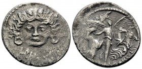 L. Plautius Plancus, 47 BC. Denarius (Silver, 20 mm, 3.31 g, 10 h), Rome. L PLAVTIVS Head of Medusa, facing, with coiled snake to either side. Rev. PL...