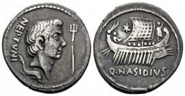 Sextus Pompey, 44-43 BC. Fourrée Denarius (Silver, 18.3 mm, 3.34 g, 12 h), mint moving with Sextus Pompey, probably at Massalia, under the fleet comma...