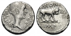 The Triumvirs. Mark Antony, Early 42 BC. Quinarius (Silver, 13 mm, 1.62 g, 12 h), Lugdunum (Lyon), dated at the 41st (XLI) year of Mark Antony. III•VI...