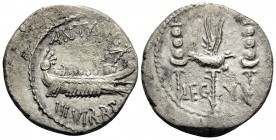 The Triumvirs. Mark Antony. Denarius (Silver, 18.5 mm, 3.37 g, 7 h), Patrae (?) for the 5th legion, Autumn 32-spring 31 BC. ANT•AVG / III•VIR•R•P•C• P...