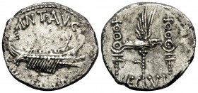 The Triumvirs. Mark Antony. Denarius (Silver, 17 mm, 3.48 g, 7 h), Patrae (?) for the 6th legion, Autumn 32-spring 31 BC. ANT•AVG / III•VIR•R•P•C• Pra...