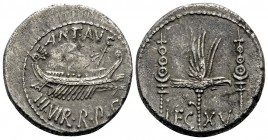 The Triumvirs. Mark Antony. Denarius (Silver, 17 mm, 3.74 g, 6 h), Patrae (?) for the 15th legion, Autumn 32-spring 31 BC. ANT•AVG / III•VIR•R•P•C• Pr...