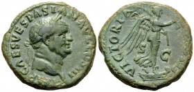 Vespasian, 69-79. As (Copper, 26 mm, 11.54 g, 6 h), Rome, 71. IMP CAES VESPASIAN AVG COS III Laureate head of Vespasian to right. Rev. VICTORIA NAVALI...