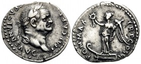 Vespasian, 69-79. Denarius (Silver, 19 mm, 3.04 g, 7 h), Rome, 75. IMP CAESAR VESPASIANVS AVG Laureate head of Vespasian to right. Rev. PON MAX TR P C...