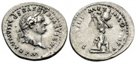 Titus, 79-81. Denarius (Silver, 20 mm, 3.32 g, 6 h), Rome, 79. IMP TITVS CAES VESPASIAN AVG P M Laureate head of Titus to right. Rev. TR P VIII IMP XI...
