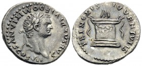 Domitian, as Caesar, 69-81. Denarius (Silver, 19 mm, 3.43 g, 6 h), struck under Titus, Rome, 80-81. CAESAR DIVI F DOMITIANVS COS VII Laureate head of ...