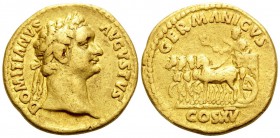 Domitian, 81-96. Aureus (Gold, 19 mm, 7.15 g), Rome, 90-91. DOMITIANVS AVGVSTVS Laureate head of Domitian to right. Rev. GERMANICVS / COSXV Domitian l...