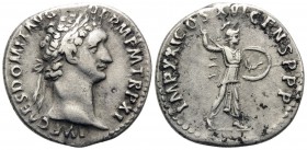 Domitian, 81-96. Denarius (Silver, 19 mm, 3.32 g, 6 h), Rome, 92. IMP CAES DOMIT AVG GERM P M TR P XI Laureate head of Domitian to right. Rev. IMP XXI...