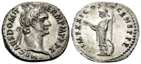 Domitian, 81-96. Denarius (Silver, 19 mm, 3.34 g, 6 h), Rome, 1 January-13 September 92. IMP CAES DOMIT AVG GERM P M TR P X Laureate head of Domitian ...