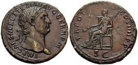 Trajan, 98-117. Sestertius (Orichalcum, 35 mm, 22.80 g, 6 h), Rome, 101-102. IMP CAES NERVA TRAIAN AVG GERM P M Laureate head of Trajan to right. Rev....