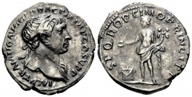 Trajan, 98-117. Denarius (Silver, 18.5 mm, 2.83 g, 7 h), Rome, 106-107. IMP TRAIANO AVG GER DAC P M TR P COS V P P Laureate bust of Trajan to right, w...