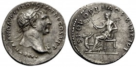 Trajan, 98-117. Denarius (Silver, 19 mm, 3.23 g, 7 h), Rome, 106-107. IMP TRAIANO AVG GER DAC P M TR P COS V P P Laureate bust of Trajan to right, wea...