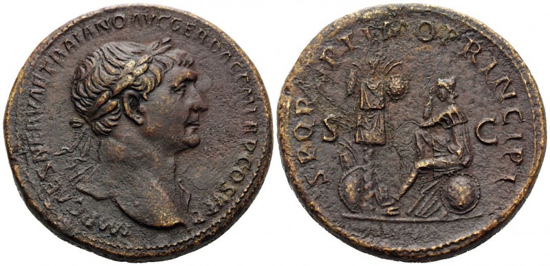 Trajan, 98-117. Sestertius (Orichalcum, 33 mm, 25.99 g, 5 h), Rome, 106-107. IMP...