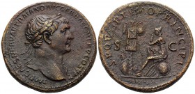 Trajan, 98-117. Sestertius (Orichalcum, 33 mm, 25.99 g, 5 h), Rome, 106-107. IMP CAES NERVAE TRAIANO AVG GER DAC P M TR P COS V P P Laureate head of T...