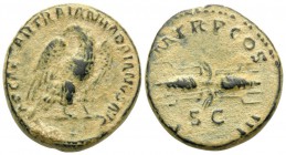 Hadrian, 117-138. Quadrans (Copper, 18.5 mm, 4.39 g, 6 h), Rome, 121-122. IMP CAESAR TRAIAN HADRIANVS AVG Eagle, with spread wings, standing right, hi...