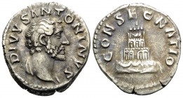 Divus Antoninus Pius, died 161. Denarius (Silver, 18 mm, 3.33 g, 12 h), struck under Marcus Aurelius and Lucius Verus, Rome, 161. DIVVS ANTONINVS Bare...