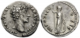 Marcus Aurelius, as Caesar, 139-161. Denarius (Silver, 18.5 mm, 3.32 g, 6 h), Rome, 148-149. AVRELIVS CAE-SAR AVG PII F Bare head of Marcus to right, ...