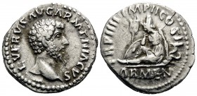 Lucius Verus, 161-169. Denarius (Silver, 18 mm, 3.01 g, 5 h), Rome, 163. L VERVS AVG ARMENIACVS Bare head of Lucius Verus to right. Rev. TR P III IMP ...