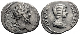 Septimius Severus, with Julia Domna, 193-211. Denarius (Silver, 19 mm, 2.90 g, 6 h), Rome. SEVERVS PIVS AVG Laureate head of Septimius Severus to righ...