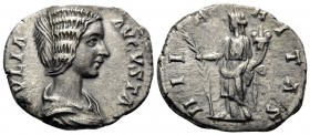 Julia Domna, Augusta, 193-217. Denarius (Silver, 18 mm, 2.98 g, 6 h), struck under Septimius Severus, Laodicea ad Mare, 198-202. IVLIA AVGVSTA Draped ...