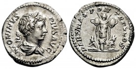 Caracalla, 198-217. Denarius (Silver, 19 mm, 2.82 g, 6 h), Rome, 202. ANTONINVS PIVS AVG Bare-headed and draped bust of Geta to right. Rev. PART MAX P...