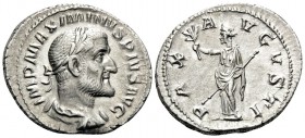 Maximinus I, 235-238. Denarius (Silver, 21 mm, 3.44 g, 12 h), Rome, 236. IMP MAXIMINVS PIVS AVG Laureate, draped and cuirassed bust of Maximinus to ri...