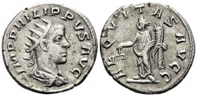 Philip II, 247-249. Antoninianus (Silver, 21 mm, 4.10 g, 10 h), Antioch, 247. IMP PHILIPPVS AVG Radiate, draped and cuirassed bust of Philip II to rig...