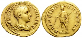 Hostilian, as Caesar, 250-251. Aureus (Gold, 20 mm, 3.73 g, 6 h), Rome, 251. C VALES (sic!) HOSTIL MES QVINTVS N C Bare-headed, draped and cuirassed b...