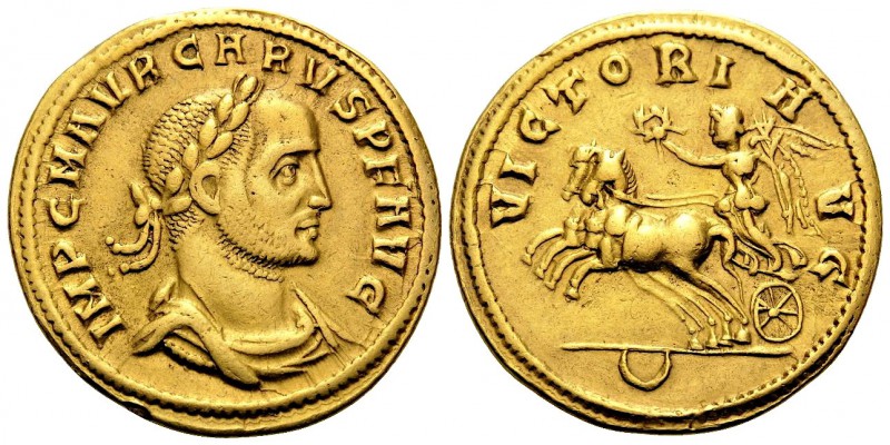Carus, 282-283. Aureus (Gold, 20.5 mm, 4.54 g, 6 h), Cyzicus, early 283. IMP C M...