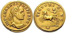 Carus, 282-283. Aureus (Gold, 20.5 mm, 4.54 g, 6 h), Cyzicus, early 283. IMP C M AVR CARVS P F AVG Laureate, draped and cuirassed bust of Carus to rig...