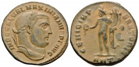 Galerius, 305-311. Follis (Bronze, 25 mm, 6.64 g, 12 h), Antioch, 4th officina (Δ), 309. IMP C GAL VAL MAXIMIANVS P F AVG Laureate head of Galerius to...