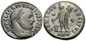 Licinius I, 308-324. Follis (Bronze, 22 mm, 7.33 g, 11 h), Antioch, 5th officina, 308-309. IMP C VAL LICIN LICINIVS P F AVG Laureate head of Licinius ...