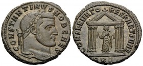 Constantine I, as Caesar, 306-309. Follis (Bronze, 24 mm, 6.55 g, 11 h), Carthage, 4th officina (Δ), summer 307. CONSTANTINVS NOB CAES Laureate head o...