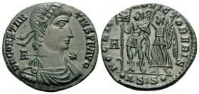 Constantius II, 337-361. Centenionalis (Bronze, 22 mm, 5.52 g, 1 h), Siscia, 4th officina, 350. D N CONSTANTINVS P F AVG / A Laureate, draped and cuir...